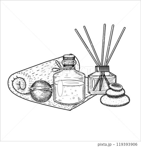 Spa cosmetics with towel and diffuser, oil, stones, bath bomb. Hand drawn vector illustration Spa cosmetics with towel and diffuser, oil, stones, bath bomb. Hand drawn vector illustration 119393906
