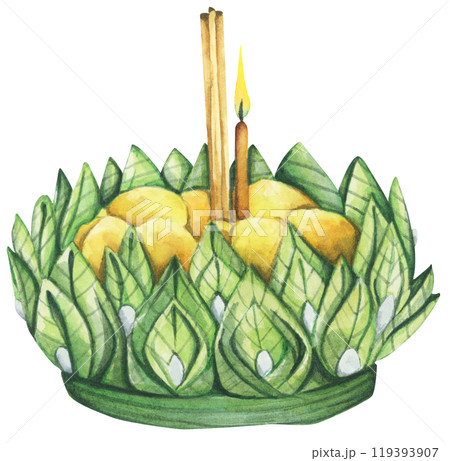 Watercolor painting of krathong. Loy krathong festival illustration element. Watercolor painting of krathong. Loy krathong festival illustration element. 119393907