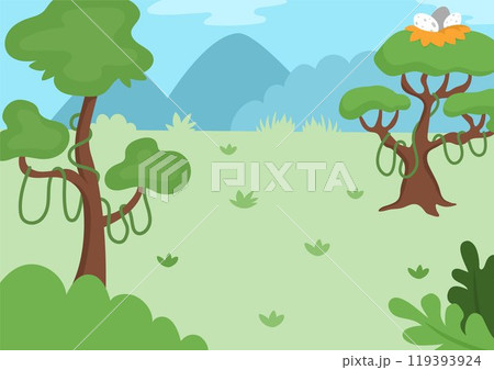 Vector empty nature landscape illustration. Cute flat scenery with trees, liana, nest, egg, forest. Outdoor African scene with greenery. Dinosaur background for kids with mountains Vector empty nature landscape illustration. Cute flat scenery with trees, liana, nest, egg, forest. Outdoor African scene with greenery. Dinosaur background for kids with mountains 119393924