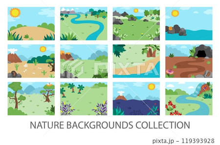 Vector empty nature landscape illustration set. Cute flat scenery collection with sun, meadow, mountains, forest, plants. Outdoor plane or clearing scenes. Dinosaur backgrounds for kids 119393928