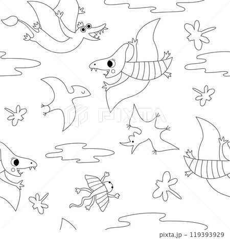 Vector black and white flying dinosaur seamless pattern with pterosaurs. Line prehistoric animal repeat background. Dino digital paper or coloring page with Pterodactyl, clouds, sky for kids Vector black and white flying dinosaur seamless pattern with pterosaurs. Line prehistoric animal repeat background. Dino digital paper or coloring page with Pterodactyl, clouds, sky for kids 119393929