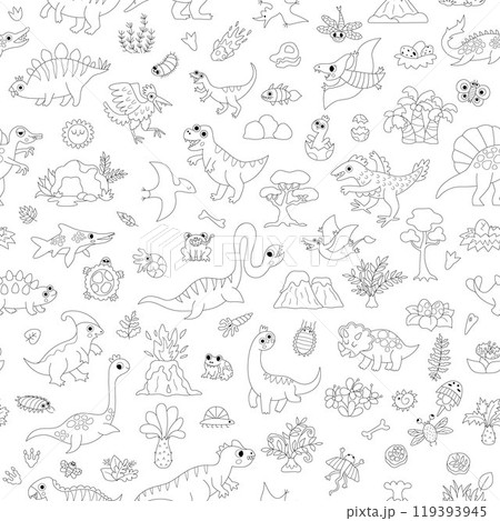 Vector black and white dinosaur seamless pattern. Line prehistoric animal repeat background. Dino digital paper or coloring page with Pterodactyl, Stegosaurus, Triceratops, T-Rex for kids 119393945