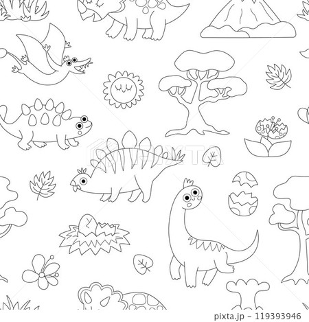 Vector black and white dinosaur seamless pattern. Line prehistoric animal repeat background. Dino digital paper or coloring page with Pterodactyl, Stegosaurus, Triceratops for kids 119393946