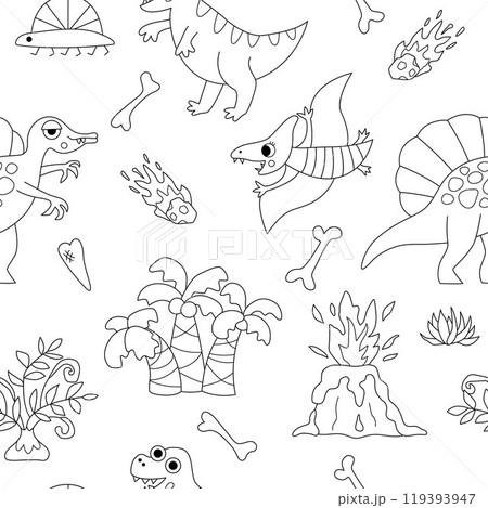 Vector black and white dinosaur seamless pattern. Line prehistoric animal repeat background. Dino digital paper or coloring page with Pterodactyl, T-Rex, volcano, bones for kids 119393947