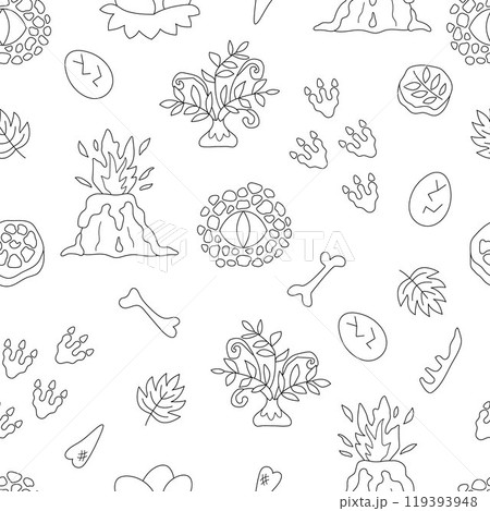 Vector black and white dinosaur seamless pattern. Line prehistoric animal symbols repeat background. Dino digital paper or coloring page with volcano, footprints, bones, egg, eye for kids Vector black and white dinosaur seamless pattern. Line prehistoric animal symbols repeat background. Dino digital paper or coloring page with volcano, footprints, bones, egg, eye for kids 119393948