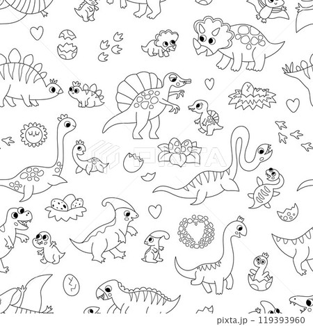 Vector black and white dinosaur moms and babies seamless pattern. Line prehistoric animal repeat background. Dino mother and child digital paper or coloring page. Cute mother day texture 119393960