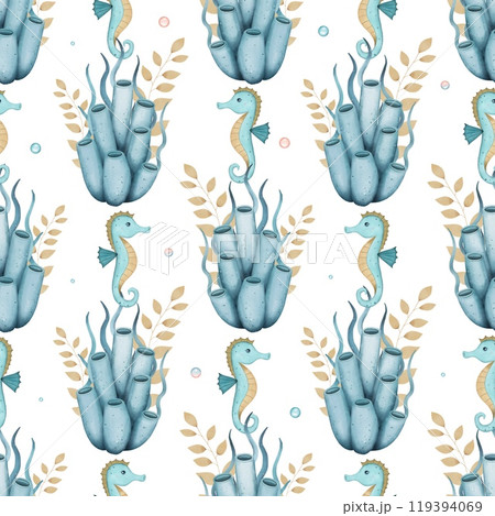 Marine seamless pattern with corals, algae, seahorse. Watercolor illustration Marine seamless pattern with corals, algae, seahorse. Watercolor illustration 119394069