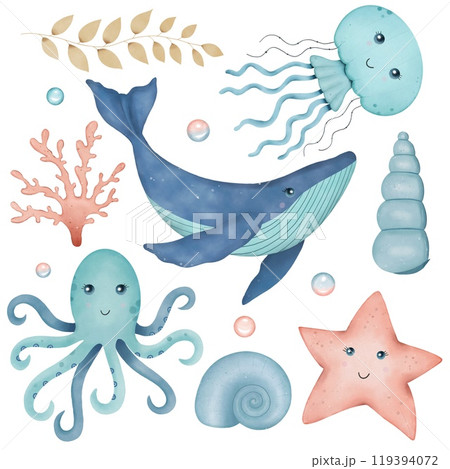 Set with sea animals, whale, octopus, jellyfish, algae, shells, starfish. Underwater world. Watercolor illustration Set with sea animals, whale, octopus, jellyfish, algae, shells, starfish. Underwater world. Watercolor illustration 119394072
