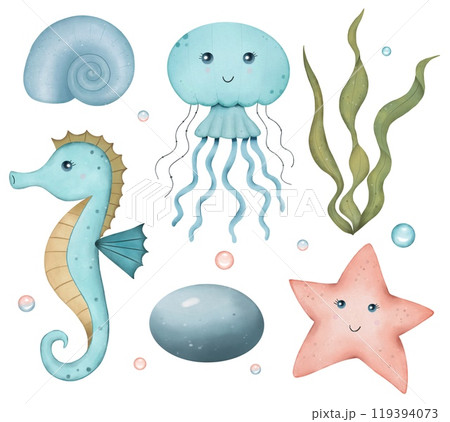 Set with sea animals, seahorse, jellyfish, algae, shell, pebbles. Underwater world. Hand drawn watercolor illustration Set with sea animals, seahorse, jellyfish, algae, shell, pebbles. Underwater world. Hand drawn watercolor illustration 119394073