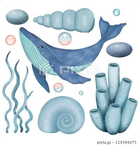 Set with sea animals, whale, algae, shells, stones. Underwater world. Watercolor illustration Set with sea animals, whale, algae, shells, stones. Underwater world. Watercolor illustration 119394075