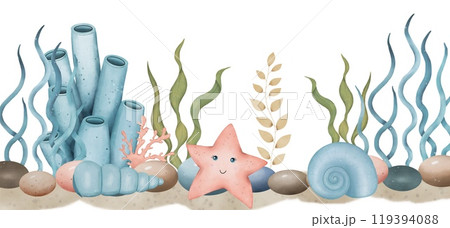 Sea border with algae, stones, bubbles, shells, starfish. Underwater world. Hand drawn watercolor illustration 119394088