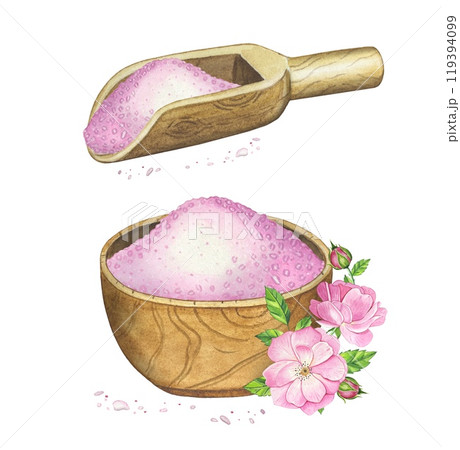 Wooden mortar and spoon with pink sea salt. Hand drawn watercolor illustration 119394099