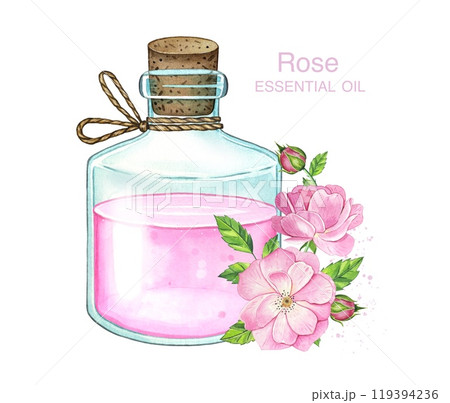 Bottle with rose water. Bottle with pink liquid. Watercolor illustration on white background 119394236