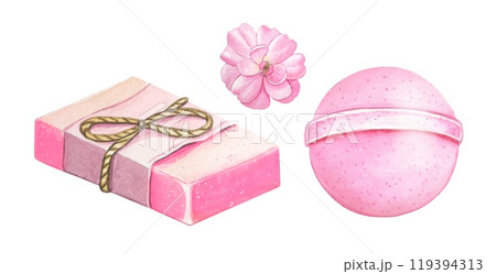 Handmade pink soap, bath bomb, rose. Watercolor illustration on white background Handmade pink soap, bath bomb, rose. Watercolor illustration on white background 119394313