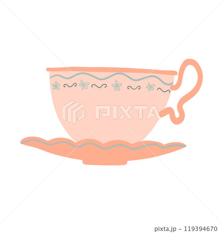 Delicate teacup with pastel colors and floral pattern. Perfect for kitchen decor, cozy morning coffee moments, or vintage-inspired tableware designs Delicate teacup with pastel colors and floral pattern. Perfect for kitchen decor, cozy morning coffee moments, or vintage-inspired tableware designs 119394670