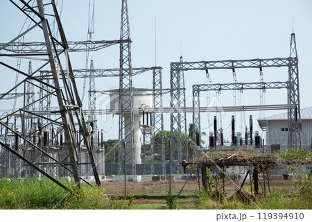 Electricity pylons . High voltage power poles. Electricity distribution network. 119394910