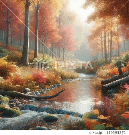 秋の紅葉と穏やかな小川が織りなす自然の風景 119395272