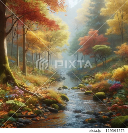 秋の紅葉と穏やかな小川が織りなす自然の風景 119395273