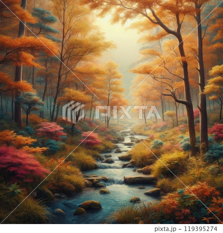 秋の紅葉と穏やかな小川が織りなす自然の風景 119395274