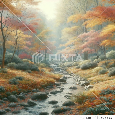 秋の紅葉と穏やかな小川が織りなす自然の風景 119395353