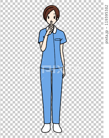 Female nurse standing in front, pants style, blue, quiet signal Female nurse standing in front, pants style, blue, quiet signal 119395382