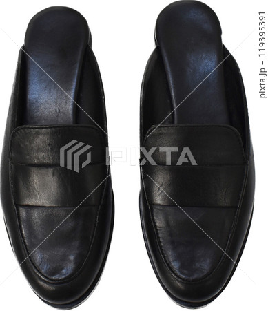 Classic black leather slide loafers isolated on white, basic spring slides, chunky mules for women Classic black leather slide loafers isolated on white, basic spring slides, chunky mules for women 119395391