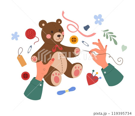 Handmade crafts. Person sewing toy. Tools for hobbies. Human hands embroidery thread with needle. Handicraft accessory. Creative craftsmanship. Handiwork teddy bear. Vector artisan needlework concept Handmade crafts. Person sewing toy. Tools for hobbies. Human hands embroidery thread with needle. Handicraft accessory. Creative craftsmanship. Handiwork teddy bear. Vector artisan needlework concept 119395734