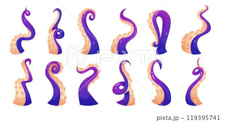 Monster tentacle cartoon. Underwater arm part. Marine water animal in sea. Ocean game. Aquatic squid, octopus, Kraken cute funny creature. Decorative isolated elements. Vector tidy illustration set Monster tentacle cartoon. Underwater arm part. Marine water animal in sea. Ocean game. Aquatic squid, octopus, Kraken cute funny creature. Decorative isolated elements. Vector tidy illustration set 119395741
