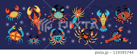 Groovy seafood. Cartoon lobster. Sea crab. Doodle crayfish. Water animal color art pattern. Restaurant luxury food. Gourmet menu. Ocean crustacean. Zoo character. Underwater shellfish vector tidy set Groovy seafood. Cartoon lobster. Sea crab. Doodle crayfish. Water animal color art pattern. Restaurant luxury food. Gourmet menu. Ocean crustacean. Zoo character. Underwater shellfish vector tidy set 119395744