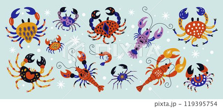 Crustaceans doodle. Sea lobster. Crab or crayfish. Vintage dish pattern. Gourmet seafood restaurant. Luxury food. Retro label with water animal. Color prawn. Vector art tidy cartoon characters set Crustaceans doodle. Sea lobster. Crab or crayfish. Vintage dish pattern. Gourmet seafood restaurant. Luxury food. Retro label with water animal. Color prawn. Vector art tidy cartoon characters set 119395754