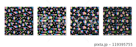 Holographic seamless pattern. Y2K holo stickers. Icons metal texture. Futuristic foil pack. Gradient hologram. Metallic smile. Abstract silver label. Iridescent flower. Vector garish backgrounds set 119395755