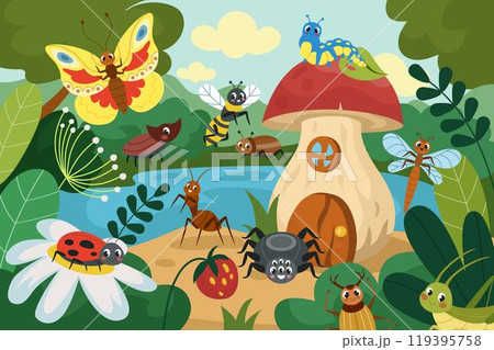 Kid background. Fantasy insects home. Cartoon natural scene. Happy ant bug. Spider on mushroom. Beetle and butterfly. Cute field landscape. Children education book. Vector nature tidy illustration Kid background. Fantasy insects home. Cartoon natural scene. Happy ant bug. Spider on mushroom. Beetle and butterfly. Cute field landscape. Children education book. Vector nature tidy illustration 119395758