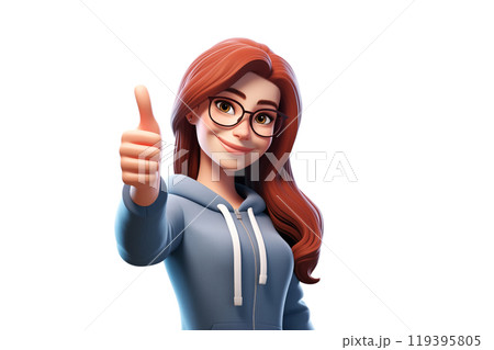 Happy smiling cartoon character young adult woman person in blue hoodie showing thumb up gesture in 3d style design on light background. Successful human people with ok like cool finger concept 119395805