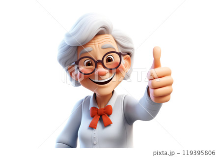 Happy smiling cartoon character old senior elder mature woman grandmother person showing thumb up gesture in 3d style design on light background. Successful human people with ok like cool finger 119395806