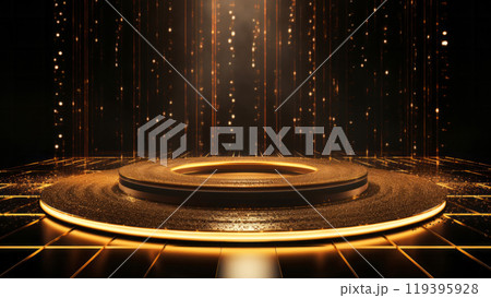 Golden shining shimmering podium platform with bright projector lights and stairs on background. Night show concept 119395928