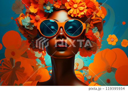 A woman among vibrant orange flowers and chic trendy sunglasses in pop art style. Modern contemporary painting 119395934
