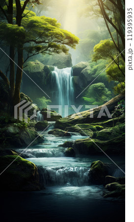 A serene ethereal forest scene with a majestic waterfall cascading into a tranquil river and sunlight filters through the mist illuminating the water with a soft glow. Beauty of nature concept 119395935