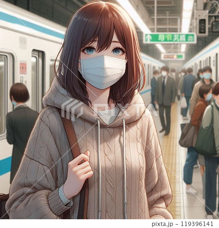 風邪をひいてマスクをしている女性・イラスト 119396141
