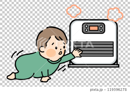 Illustration of a child about to touch a kerosene fan heater 119396278