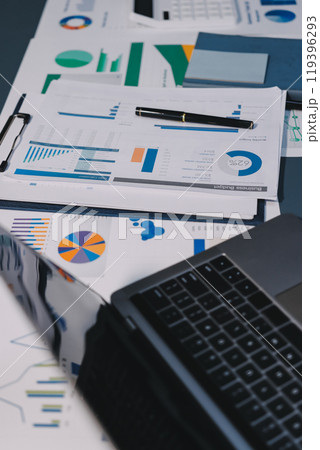 Team of business people are meeting to analyze data for marketing plan,Market research reports and income statistics, Financial and Accounting concept. 119396293