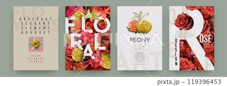 Flower background. Botanical poster. Floral postcard. Red rose pattern. 3D peony cover. Lily blossom. Typography banner template. Wedding design. Blooming summer texture. Vector exact art cards set 119396453