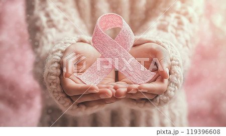 A pair of hands gently holds a pink knitted breast cancer awareness ribbon, symbolizing hope, support, and care. A pair of hands gently holds a pink knitted breast cancer awareness ribbon, symbolizing hope, support, and care. 119396608