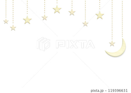 木目柄のチェーンで吊られた星と月のシンボルの装飾フレーム 119396631