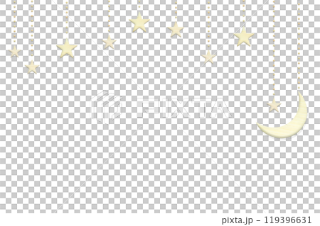 Decorative frame of star and moon symbols suspended by wood grain chains Decorative frame of star and moon symbols suspended by wood grain chains 119396631