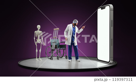 Doctor standing with skeleton and wheelchair, symbolizing orthopedic care and rehabilitation. 3D model of phone with blank screen Doctor standing with skeleton and wheelchair, symbolizing orthopedic care and rehabilitation. 3D model of phone with blank screen 119397311