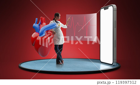 Cardiologist standing next to large heart model and ECG, symbolizing advanced heart health monitoring through technology. 3D model of phone with blank screen 119397312