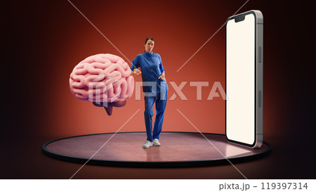 Doctor standing beside large brain model, symbolizing neurological research and brain health next 3D model of phone with blank screen Doctor standing beside large brain model, symbolizing neurological research and brain health next 3D model of phone with blank screen 119397314