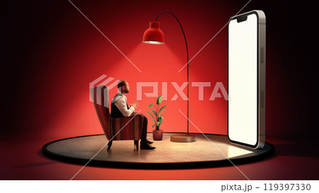 Doctor sitting in armchair under red lamp, engaging in therapy session through smartphone, symbolizing modern mental health practices. 3D model of phone with blank screen 119397330