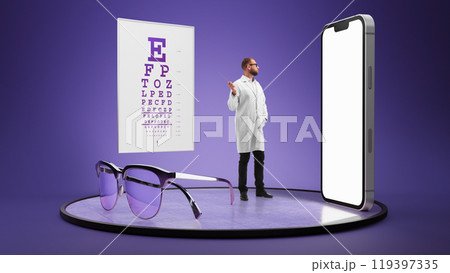 Optometrist pointing to vision chart, with glasses prominently displayed, representing eye care and vision correction. 3D model of phone with blank screen 119397335