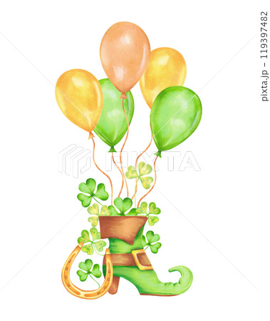 Leprechaun shoe composition with golden horseshoe,clover petals and balloons. Watercolor and marker illustration. Hand drawn isolated art. St. Patrick's Day symbol. Sketch of luck, wealth or success. 119397482